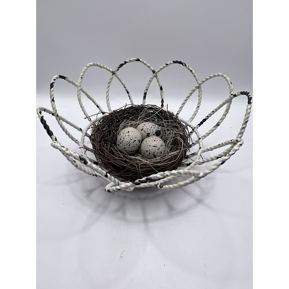 Vtg Wire Basket Cream Bird Nest 3.5"x7" Decor